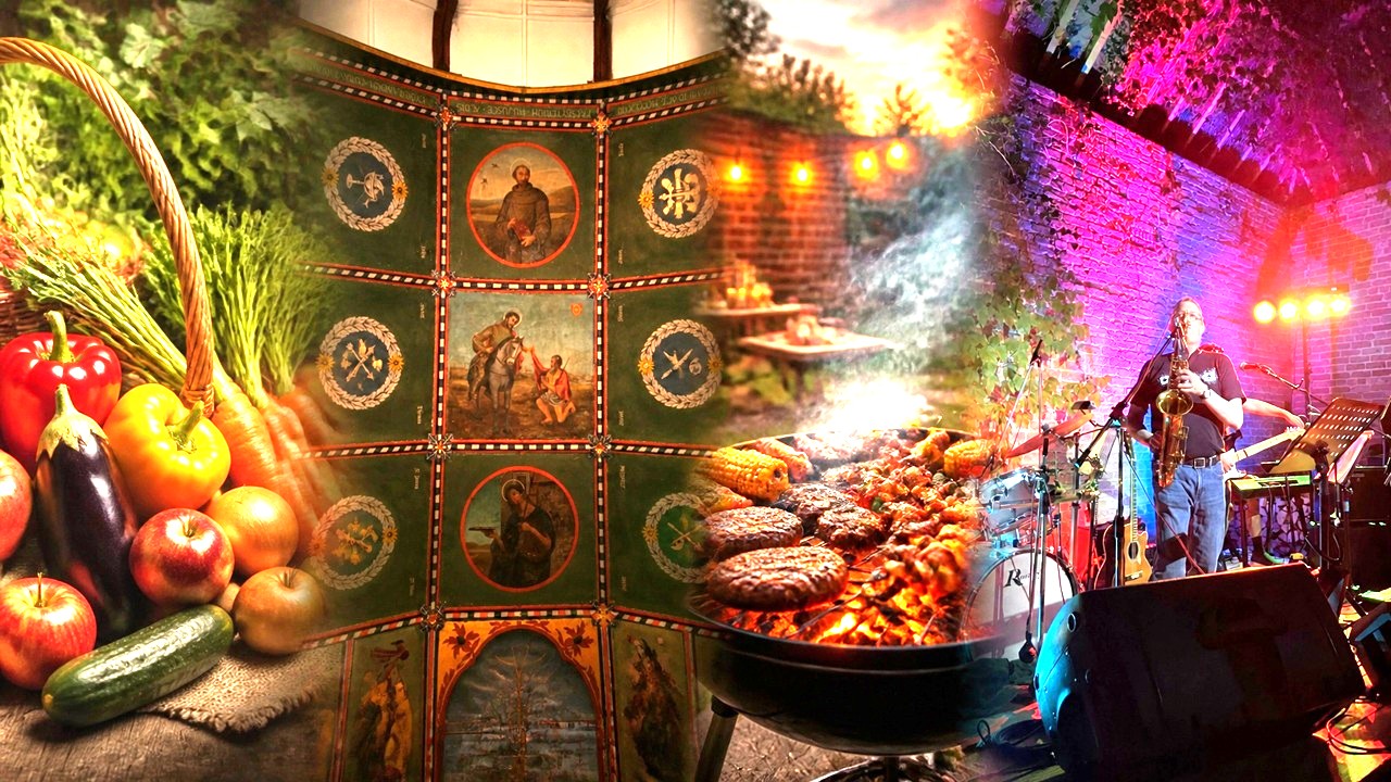 Harvest vegetables, a painted ceiling, a barbecue and a man playing saxophone under coloured lights.