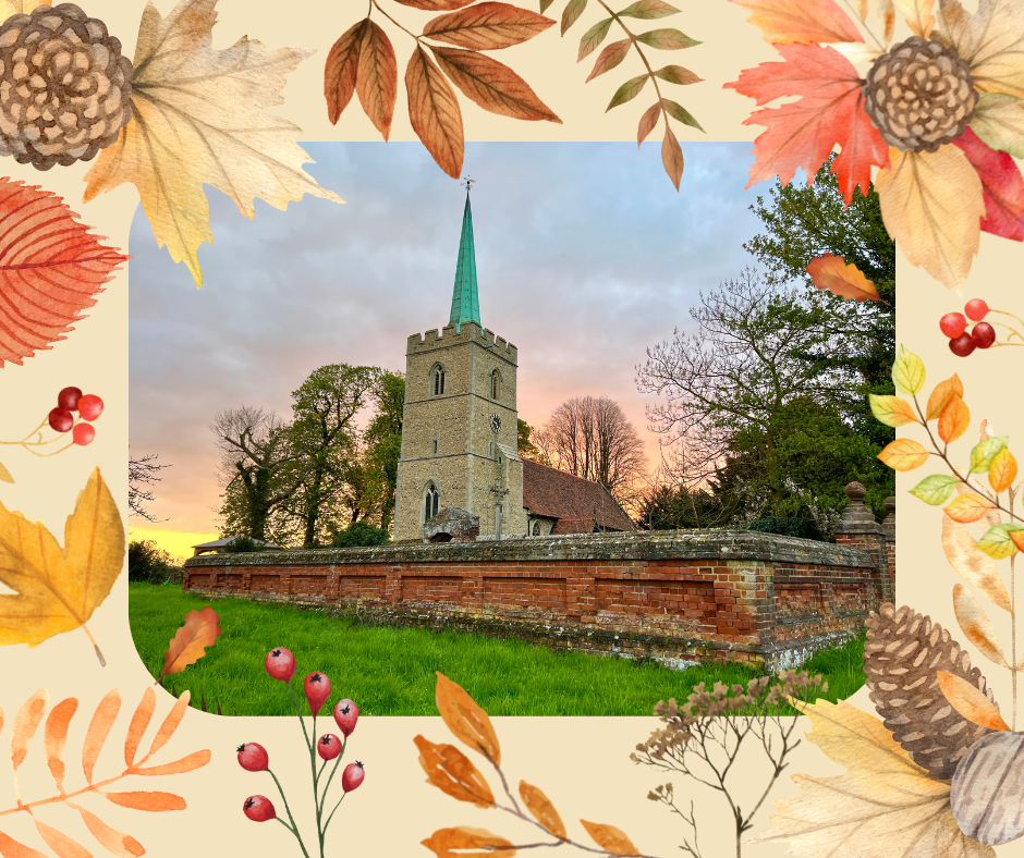 Church building framed by autumn leaves design